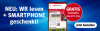 Ein Smartphone zeigt die WR App mit dem Angebot 'NEU: WR lesen + SMARTPHONE geschenkt!'. 