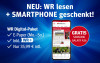 Die Grafik bewirbt das WR Digital-Paket inklusive E-Paper und gratis Samsung Galaxy A36 für 35,99 Euro monatlich auf blauem Hintergrund.