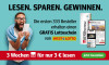 Die Anzeige zeigt einen Mann mit Brille, der aufgeregt einen Lottoschein in der Hand hält. Der Text lautet: Die ersten 333 Kunden erhalten einen Gratis-Lottoschein von WestLotto. Daneben sind Bilder der WR in Printform, auf einem Tablet und einem Smartphone zu sehen. Darunter wirbt die Anzeige in Rot und Grün mit 3 Wochen WR für nur 3 € und einem Jetzt bestellen-Button.