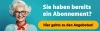 Lächelnde ältere Frau mit Brille und roter Bluse, hält ein Tablet, neben Text: 'Sie haben bereits ein Abonnement? Hier gehts zu den Angeboten!