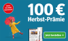 Angebot 100 Euro Herbst Prämie 12 Monate Zeitung gedruckt und digital lesen, Frau mit rotem Schirm und Button Jetzt bestellen