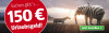 Ein Elefant und ein Zebra stehen in der Landschaft. Werbung für 150 Euro Urlaubsgeld mit dem Text 'Jetzt bestellen' in einer Schaltfläche.