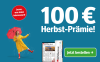 Angebot 100 Euro Herbst Prämie 12 Monate Zeitung gedruckt und digital lesen, Frau mit rotem Schirm und Button Jetzt bestellen
