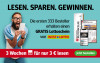 Die Anzeige zeigt einen Mann mit Brille, der aufgeregt einen Lottoschein in der Hand hält. Der Text lautet: Die ersten 333 Kunden erhalten einen Gratis-Lottoschein von WestLotto. Daneben sind Bilder der WR in Printform, auf einem Tablet und einem Smartphone zu sehen. Darunter wirbt die Anzeige in Rot und Grün mit 3 Wochen WR für nur 3 € und einem Jetzt bestellen-Button.