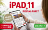 Werbung für iPAD 11 mit Digital-Paket, bietet E-PAPER inklusive WR PLUS. Text Gratis Tablet und Jetzt sichern auf grünem Button.
